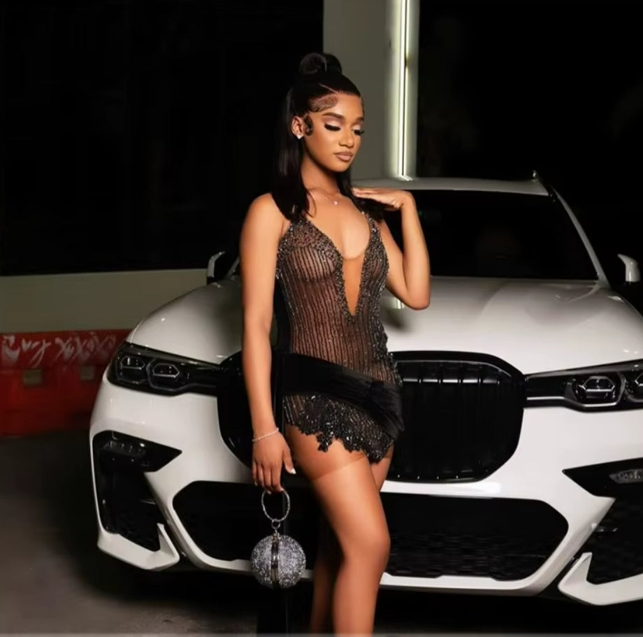 Shining Black Bead Short Prom Dress For Black Girl Sparkly Rhinestones Senior Cocktail Side Train Dress Birthday Gown Customized