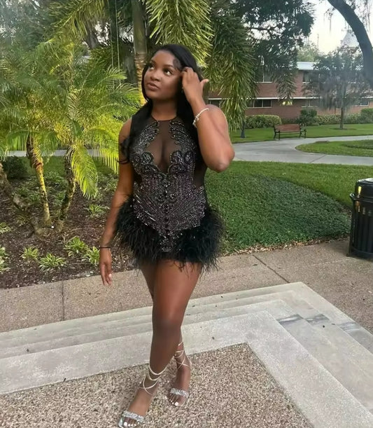 Black Ostrich Feather Crystals Beading Prom Dress Halter Luxury Mini Cocktail Gown Graduation Birthday Party Customized