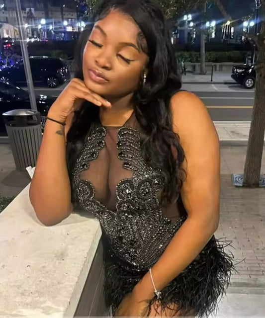 Black Ostrich Feather Crystals Beading Prom Dress Halter Luxury Mini Cocktail Gown Graduation Birthday Party Customized