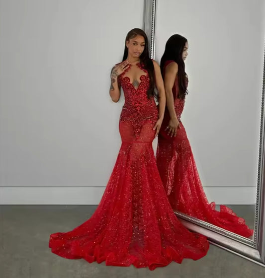 Customized Red Prom Dresses 2025 See Through Rhinestone Party Gowns Sequin Homecoming Dress Back Girls Vestidos De Gala