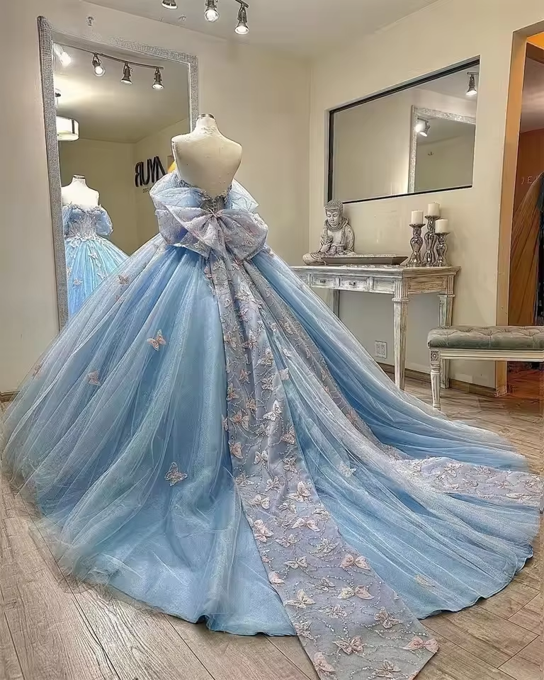 Princess Sky Blue Quinceanera Dress With Bow Bead Butterfly Appliques Sweet 16 Birthday Dress Luxury Ball Gown Customized
