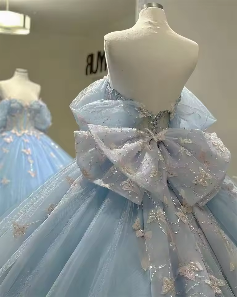 Princess Sky Blue Quinceanera Dress With Bow Bead Butterfly Appliques Sweet 16 Birthday Dress Luxury Ball Gown Customized
