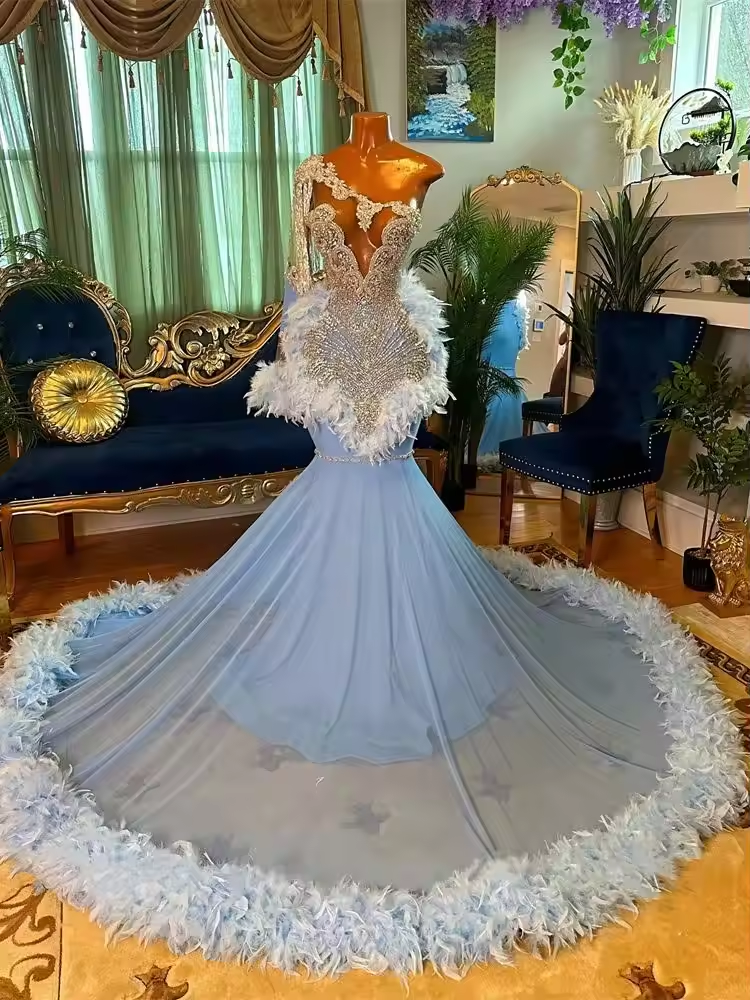 Sparkly Sky Blue Mermaid Prom Dress For Black Girls One Shoulder Beading Diamonds Feathers Crystal Birthday Dress Customized