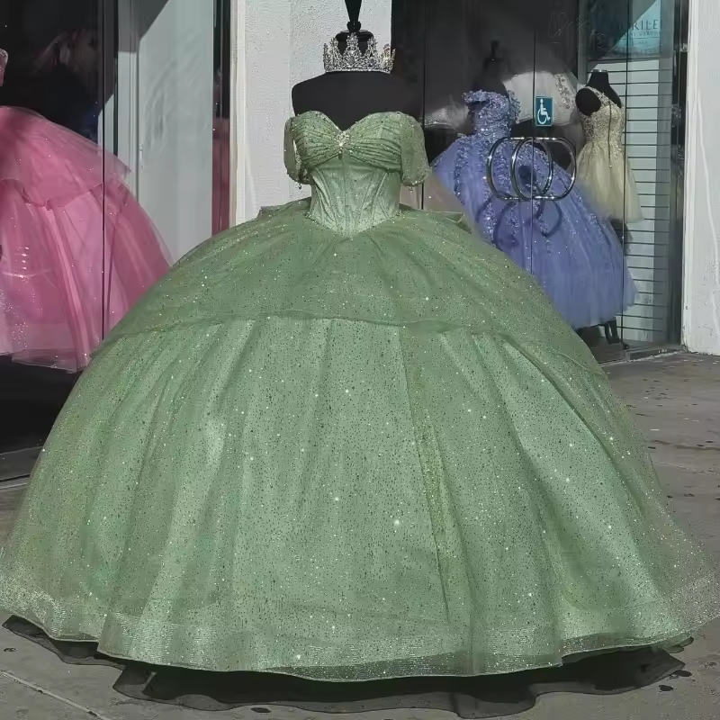 Mint Green Quinceanera Dresses Big Bow Shiny Beads Crystal Princess Dress vestidos 15 de Anos Ball Gowns Customized