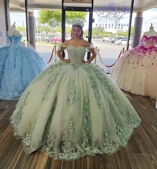 New Green Ball Gown Quinceanera Dress 3D Floral Appliques Beaded Crystal Sweet 16 Dress Vestido De 15 Anos Customized