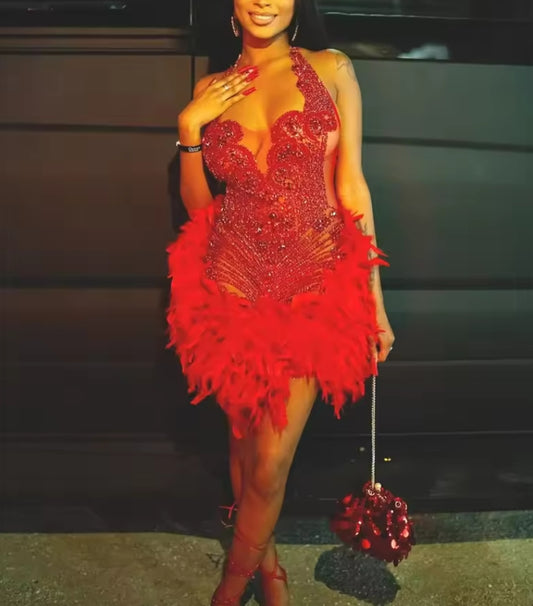 Red Halter Short Prom Dresses For Black Girl Bead Crystal Birthday Luxury Dress Feather Mini Cocktail Homecoming Customized