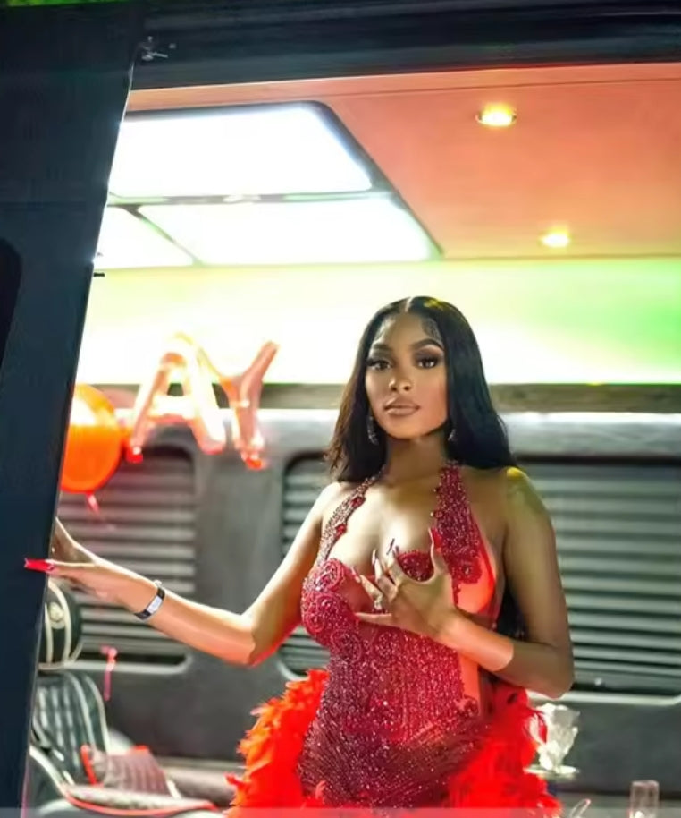 Red Halter Short Prom Dresses For Black Girl Bead Crystal Birthday Luxury Dress Feather Mini Cocktail Homecoming Customized