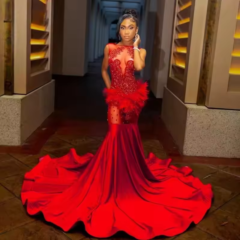 Red Satin Mermaid Prom Dresses Black Girls 2025 Luxury Crystal Feathers Party Gowns African Evening Dress Customized