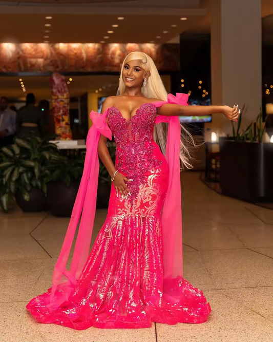 Formal Pink Beaded Long Mermaid Prom Dress For Black Girl Crystals Tulle Backless Evening Dresses Birthday Party Gowns