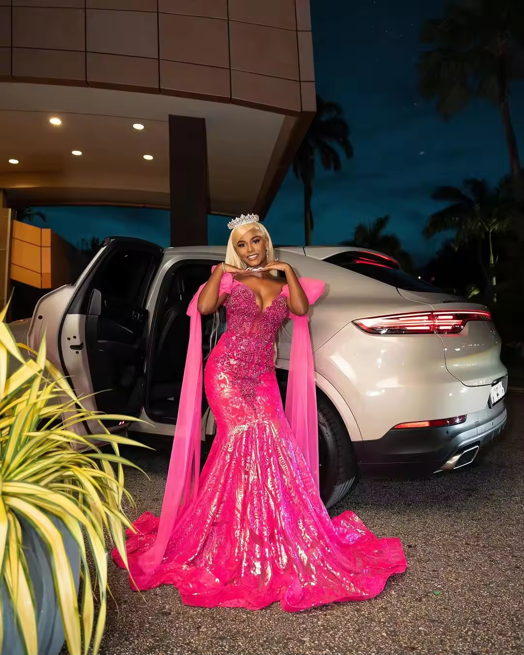 Formal Pink Beaded Long Mermaid Prom Dress For Black Girl Crystals Tulle Backless Evening Dresses Birthday Party Gowns