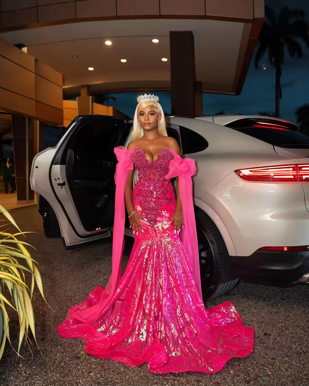 Formal Pink Beaded Long Mermaid Prom Dress For Black Girl Crystals Tulle Backless Evening Dresses Birthday Party Gowns