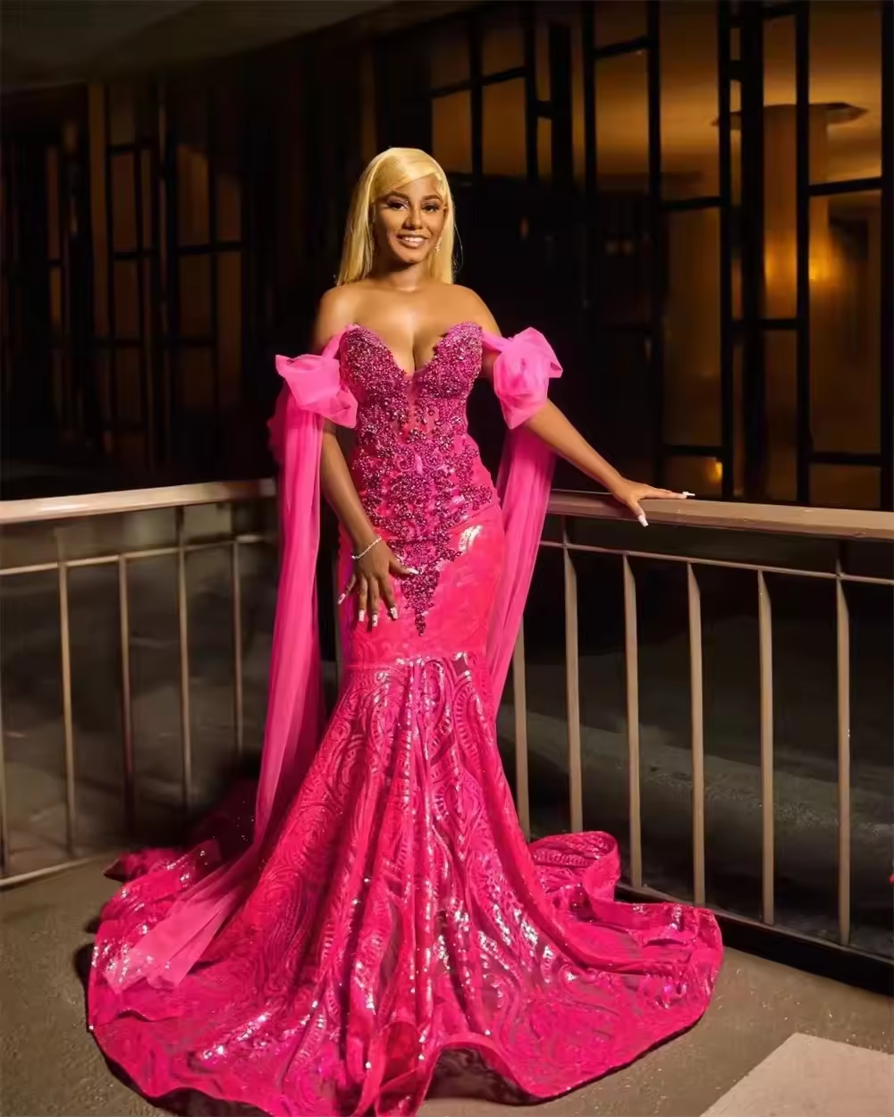 Formal Pink Beaded Long Mermaid Prom Dress For Black Girl Crystals Tulle Backless Evening Dresses Birthday Party Gowns