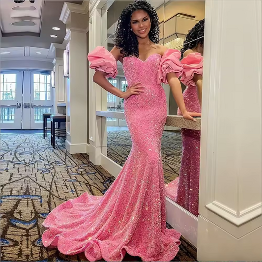 Shiny Pink Sequin Prom Dresses with Short Sleeve Pleat Sweetheart Sweep Train Women Evening Formal Gowns Robe De Soriee