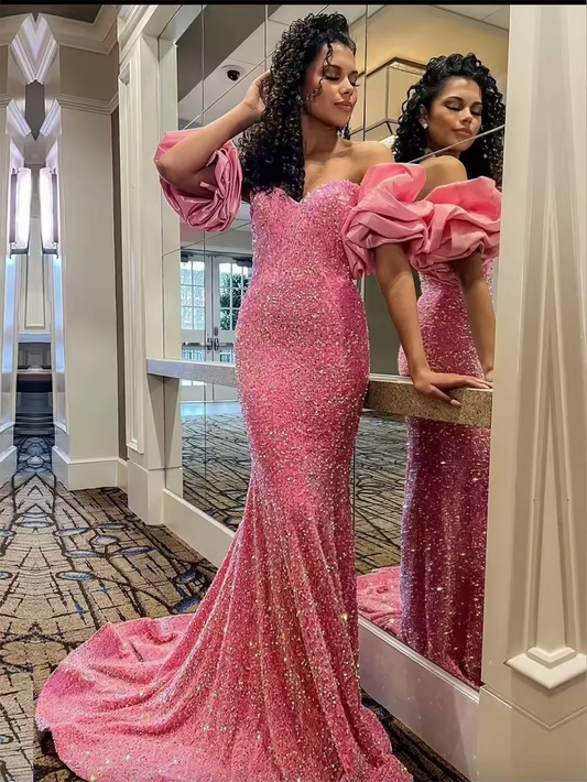 Shiny Pink Sequin Prom Dresses with Short Sleeve Pleat Sweetheart Sweep Train Women Evening Formal Gowns Robe De Soriee