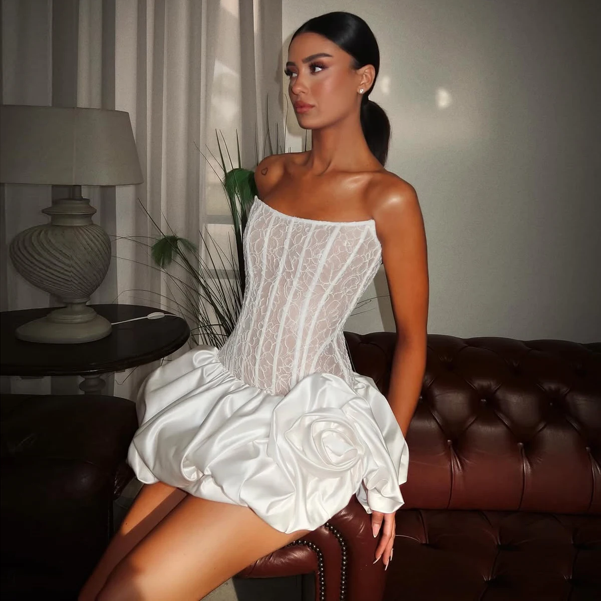 2025 Couture White Lace Short Bridal Shower Dress Ruffled Floral Mini Wedding Gown Strapless Corset Formal Party Dresses Custom