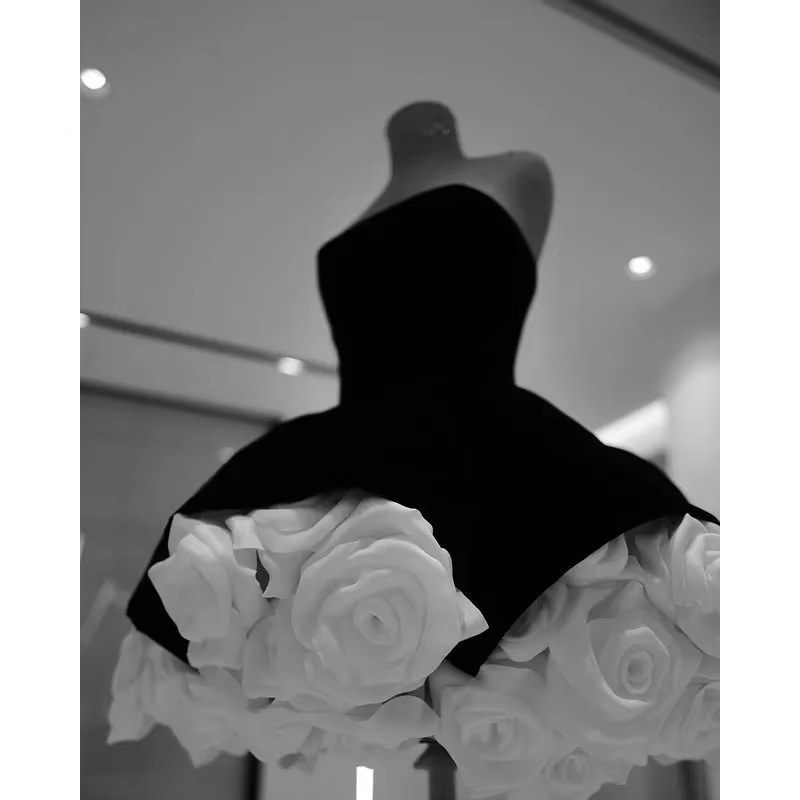 Princess Black Velvet White Floral Ruffle Short Prom Party Gowns Girls Dresses Birthday Photography