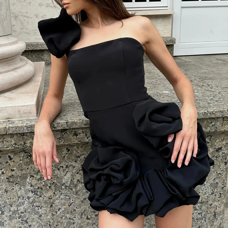 Elegant Temperament Ruffles Short Dress Sexy One Shoulder Sleeveless Evening Dresses Summer Fashion Solid Bodycon Party Dresses