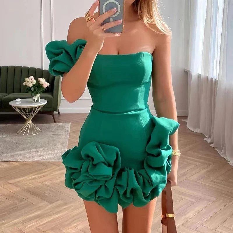 Elegant Temperament Ruffles Short Dress Sexy One Shoulder Sleeveless Evening Dresses Summer Fashion Solid Bodycon Party Dresses