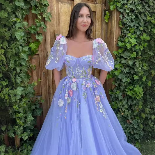Puffy Sleeves Long Evening Party Gowns Vestidos De Festa Fashion 3D Flower Formal Prom Dresses Customized