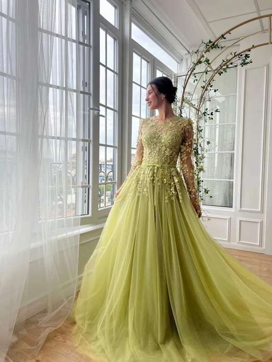 Olive Green A-line Tulle Long Evening Dress For Women Shiny Lace Appliques Wedding Party Gown Customized Beaded Prom Dresses