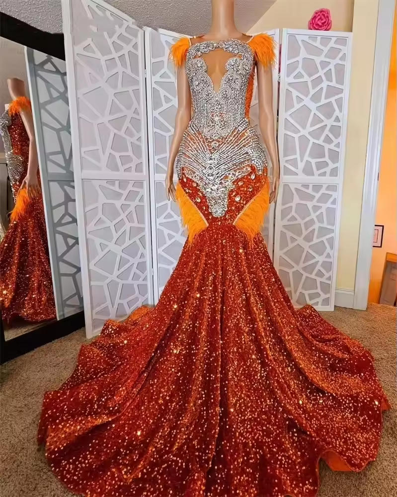 Orange O Neck Sequin Long Prom Dresses For Black Girls Bead Crystal 2025 Birthday Luxury Dress Feather Graduation Gown