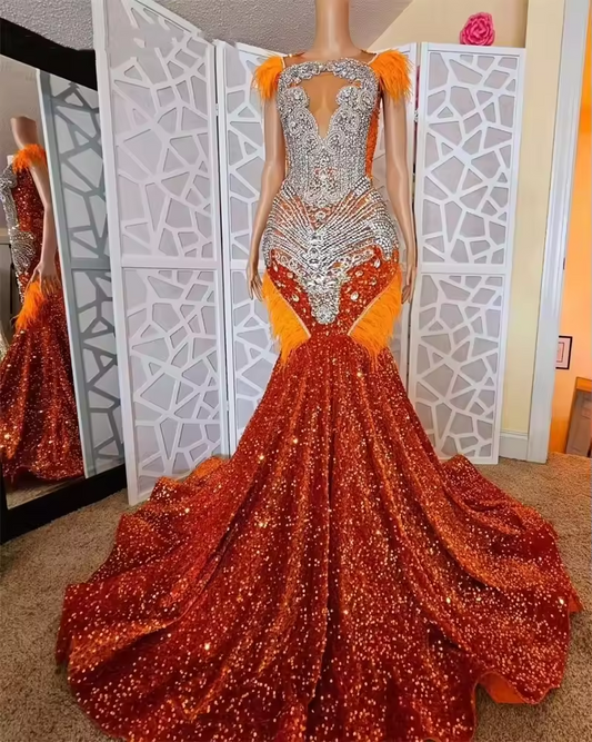 Orange O Neck Sequin Long Prom Dresses For Black Girls Bead Crystal 2025 Birthday Luxury Dress Feather Graduation Gown