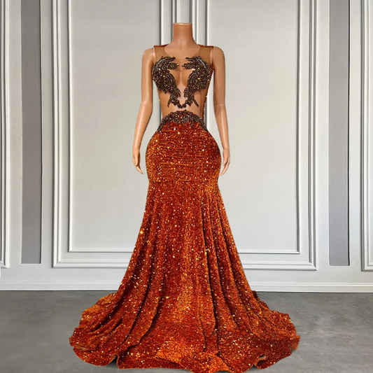 Sparkly Black Girls Long Sequin Prom Dresses Orange 2025 Luxury Crystal Diamond Brown Mesh Sexy Birthday Party Gowns Customized