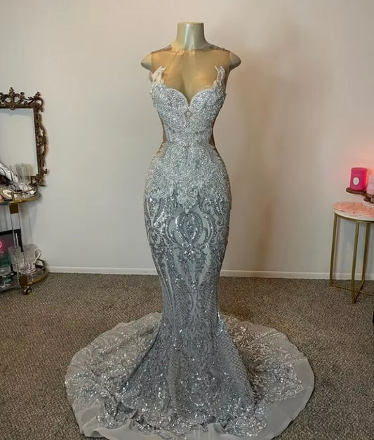 Silver Grey Elegant Evening Gowns Glitter Sequins Applique Birthday Party Dresses African Girls Sexy Backless Fishtail Dres