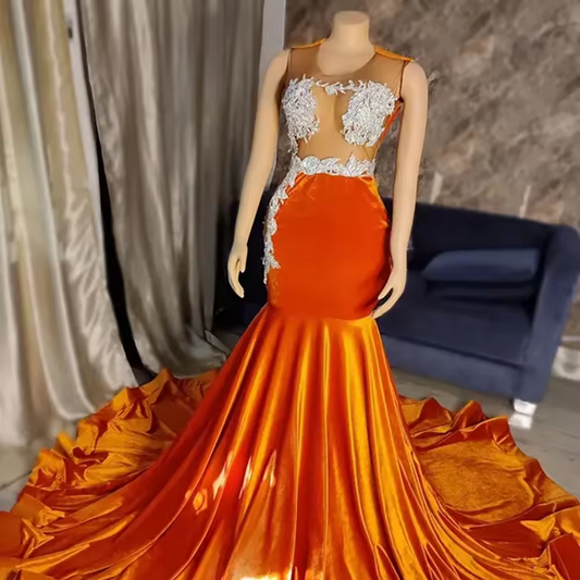 Orange Prom Dresses for Special Occasions Illusion Lace Appliques Velvet Graduation Dress Sweep Train Robe De Soiree