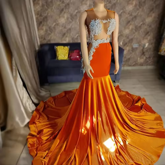 Orange Prom Dresses for Special Occasions Illusion Lace Appliques Velvet Graduation Dress Sweep Train Robe De Soiree