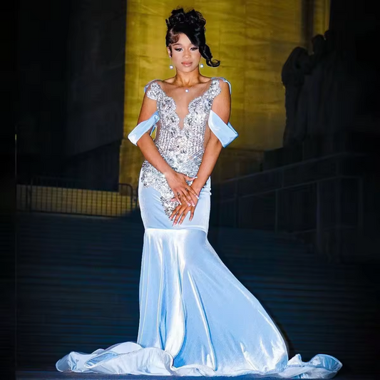 Customized Mermaid Bride Dresses Off-The-Shoulder Paillette Draped Pleat Crystal Sleeveless Open Back Prom Dress Robe de soirée