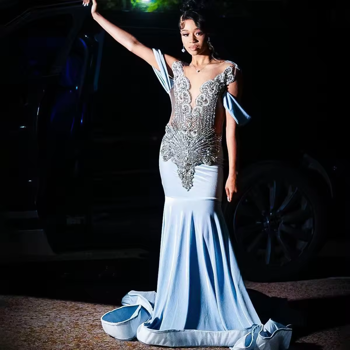 Customized Mermaid Bride Dresses Off-The-Shoulder Paillette Draped Pleat Crystal Sleeveless Open Back Prom Dress Robe de soirée