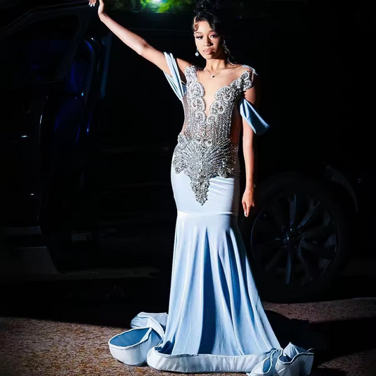 Customized Mermaid Bride Dresses Off-The-Shoulder Paillette Draped Pleat Crystal Sleeveless Open Back Prom Dress Robe de soirée