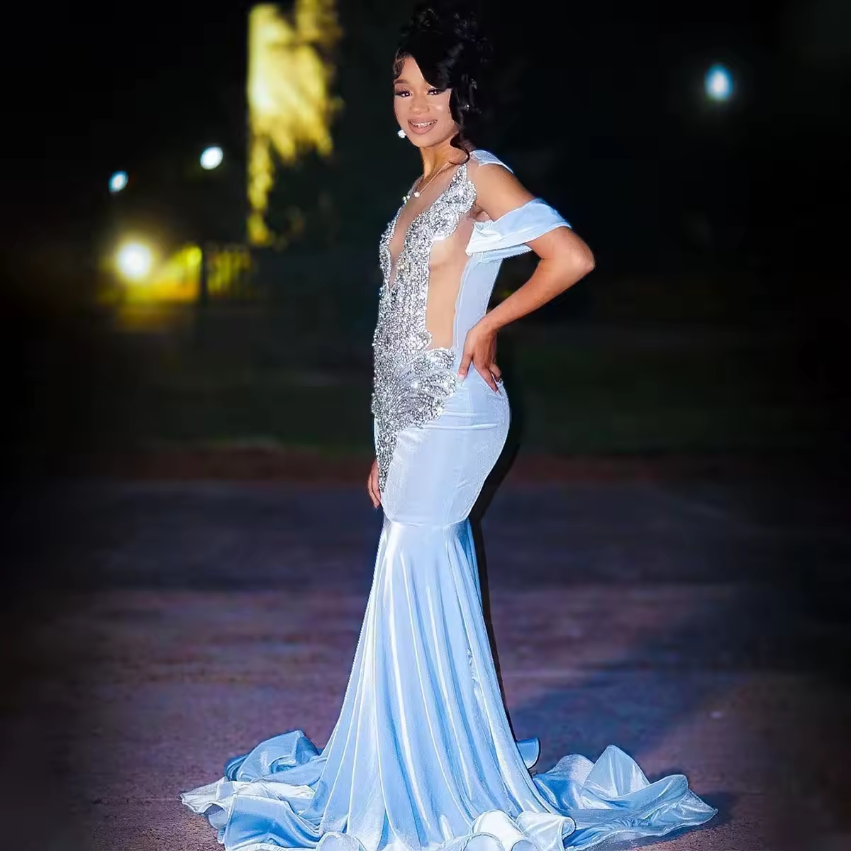 Customized Mermaid Bride Dresses Off-The-Shoulder Paillette Draped Pleat Crystal Sleeveless Open Back Prom Dress Robe de soirée