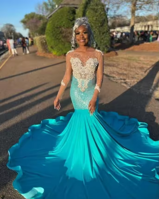 Illusion Long Sleeve Trumpet Evening Formal Dress for Women Luxury Crystal See Through Black Girl Birthday Party Gown