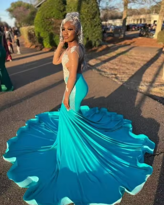 Illusion Long Sleeve Trumpet Evening Formal Dress for Women Luxury Crystal See Through Black Girl Birthday Party Gown