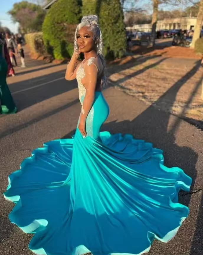 Illusion Long Sleeve Trumpet Evening Formal Dress for Women Luxury Crystal See Through Black Girl Birthday Party Gown