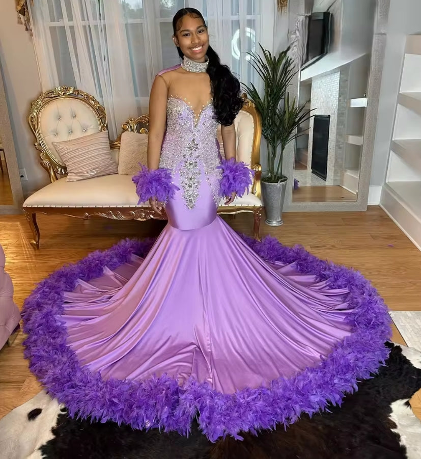 Purple Mermaid Prom Dresses Luxury Black Girls 2025 Feather Beaded Rhinestones Long Sleeves Birthday Dress Customized