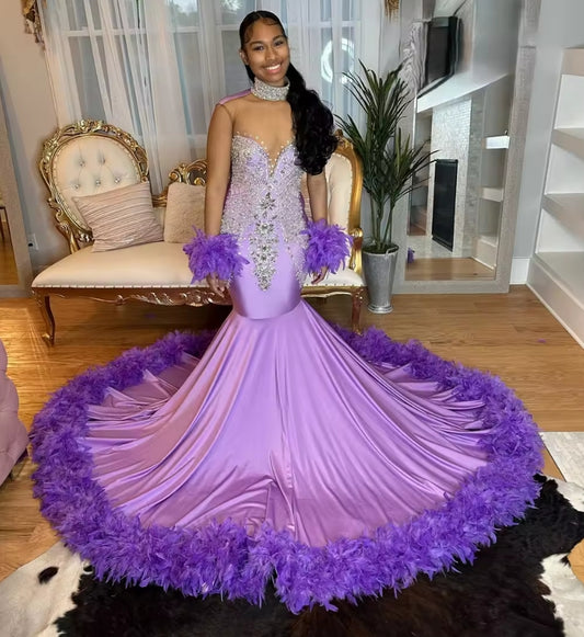 Purple Mermaid Prom Dresses Luxury Black Girls 2025 Feather Beaded Rhinestones Long Sleeves Birthday Dress Customized