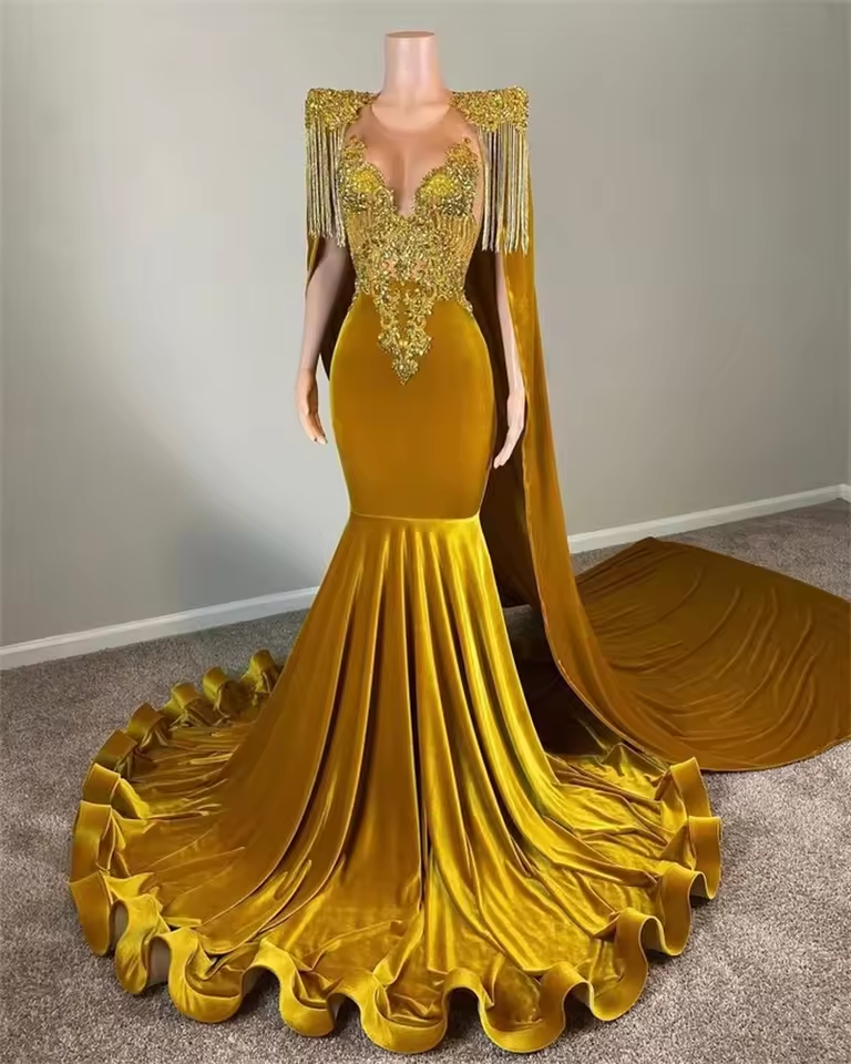 Long Gold Diamonds Prom Dresses With Cape Luxury Sparkly Crystals Beads Gown Tassels Wedding Party Gown Customized