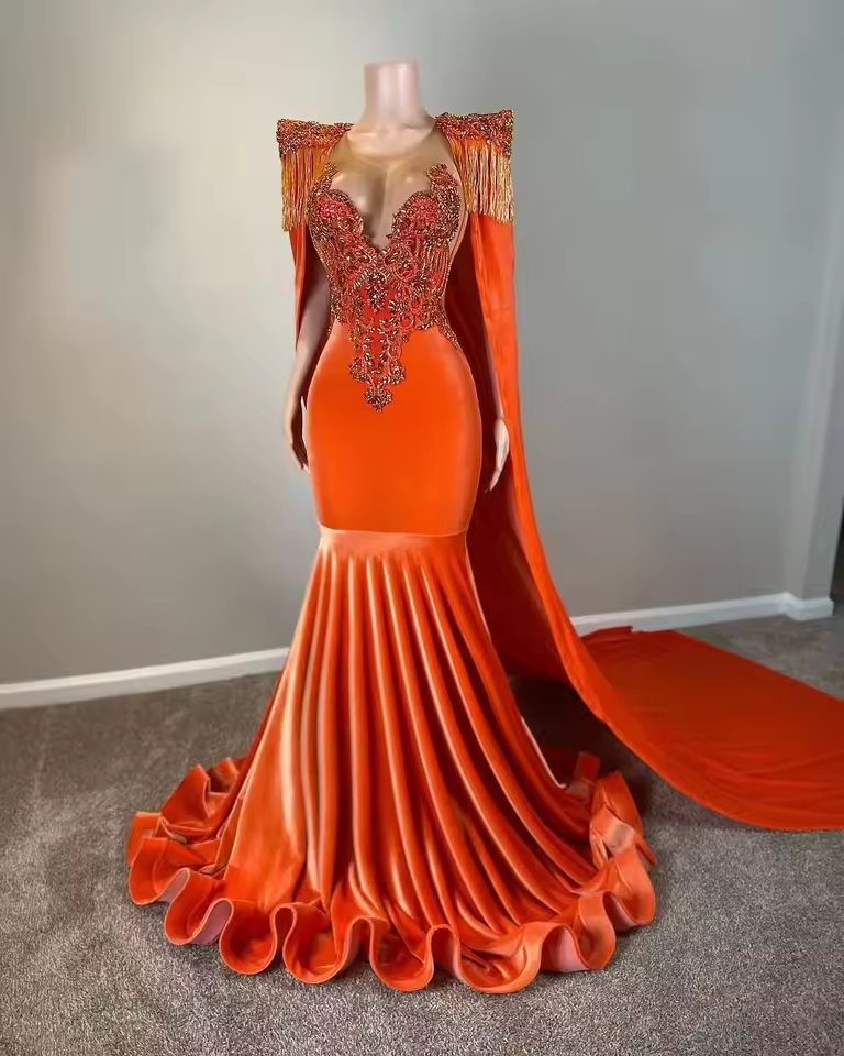 Long Gold Diamonds Prom Dresses With Cape Luxury Sparkly Crystals Beads Gown Tassels Wedding Party Gown Customized