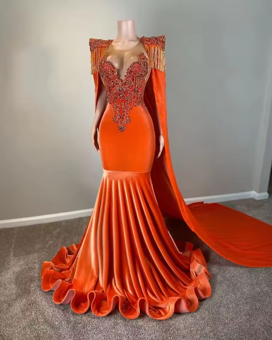 Long Gold Diamonds Prom Dresses With Cape Luxury Sparkly Crystals Beads Gown Tassels Wedding Party Gown Customized