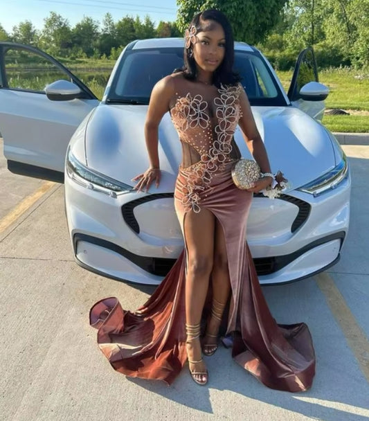 Customized Light Brown Elegant Cocktail Dress Glitter Pearl Applique Decoration Party Dresses Black Girls Sexy Side Slit Dresses