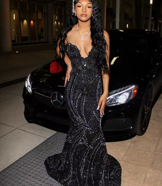 Sparkly Black Sweetheart Prom Dresses Long Bead Crystal Rhinestone Birthday Luxury Dress Black Girl Evening Gown Customized
