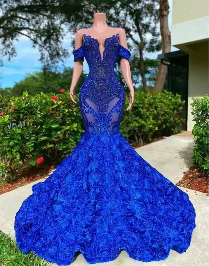 Long Prom Dresses 2025 Luxury Sheer O-neck Off The Shoulder Sparkly Diamond Black Girl Royal Blue Prom Gala Formal Gowns