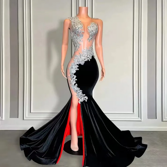 Velvet Black Mermaid Evening Dress Sleeveless Long With Appliques Beads