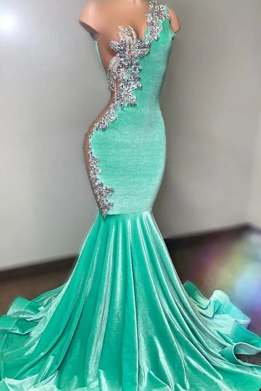 Light Blue One Shoulder Prom Dress Sliver Appliques With Trumpet