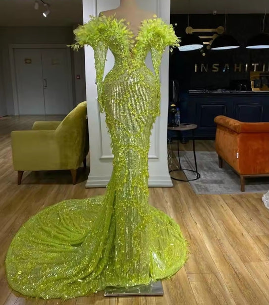 Green Feathers Off Shoulder Long Sleeves Prom Dresses Sparkle Crystals Black Girls Mermaid Formal Event Party Gowns