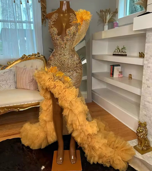 Gold Feathers Shinny Ruched Silt Rhinestone Prom Dresses For Black Girls Mermaid Birthday Party Dress Homecoming Gown robe