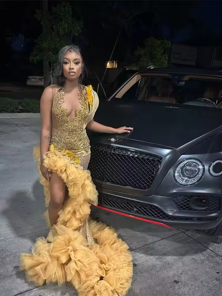 Gold Feathers Shinny Ruched Silt Rhinestone Prom Dresses For Black Girls Mermaid Birthday Party Dress Homecoming Gown robe